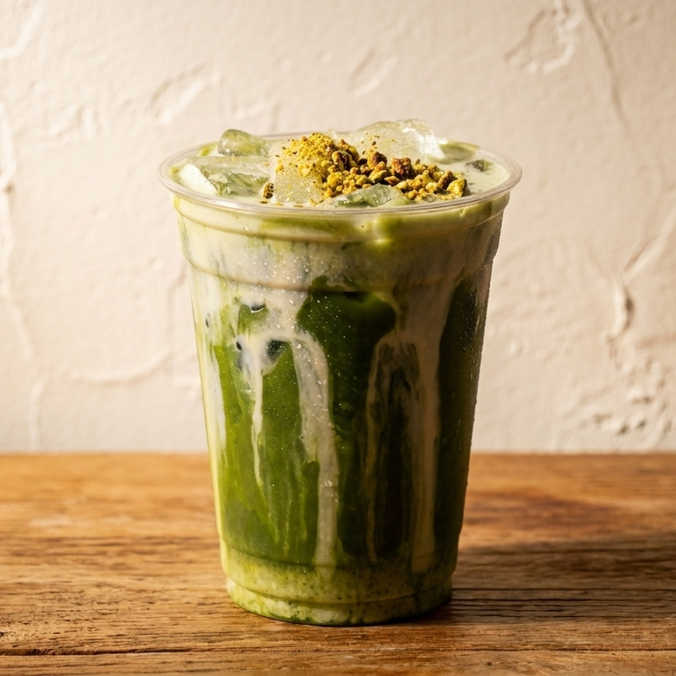 Iced green matcha drink topped with foam and crunchy garnish in a clear cup on a wooden table.