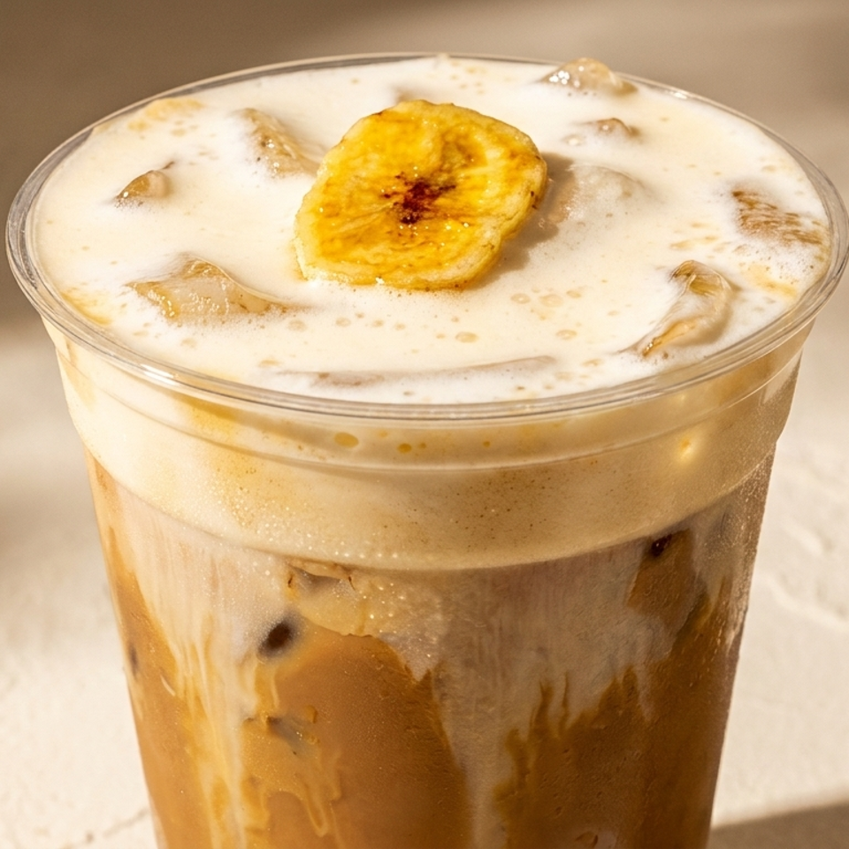 Iced coffee topped with creamy foam and a caramelized banana slice in a clear plastic cup.