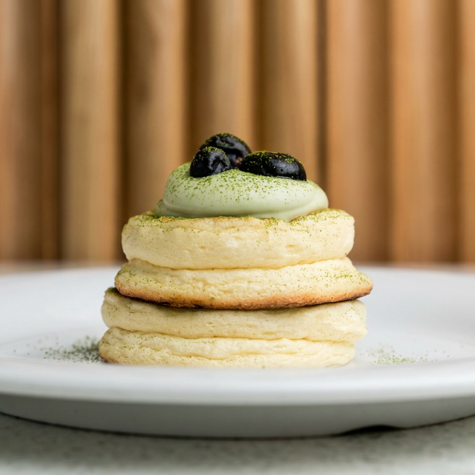 Stacked matcha cream pastries topped with blackberries on a white plate against a warm wooden backdrop.