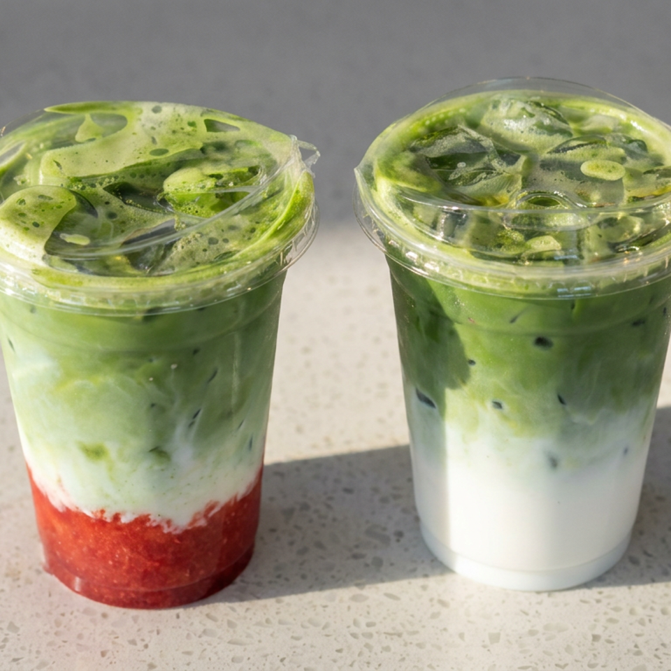 Two clear cups of iced green matcha drinks, one layered with red fruit puree and both topped with foam.