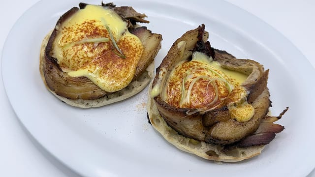 Pork Belly Eggs Benedict.